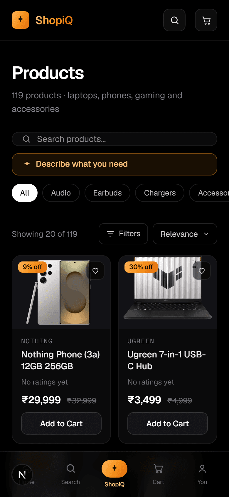 The ShopiQ store on a phone, showing the product grid and the bottom navigation bar.