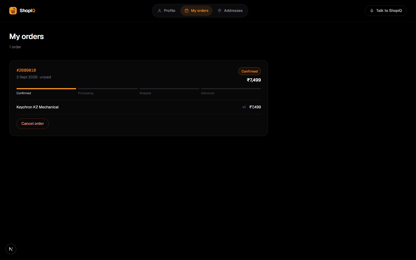 The My orders page showing order #2609010, its status timeline from Confirmed to Delivered, the item, the total, and a Cancel order button.