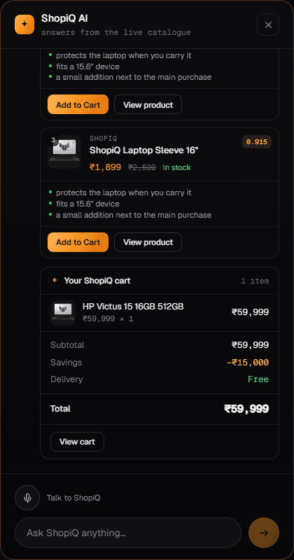 The assistant confirming an item was added, showing a cart card with the item, subtotal, savings, delivery and total.